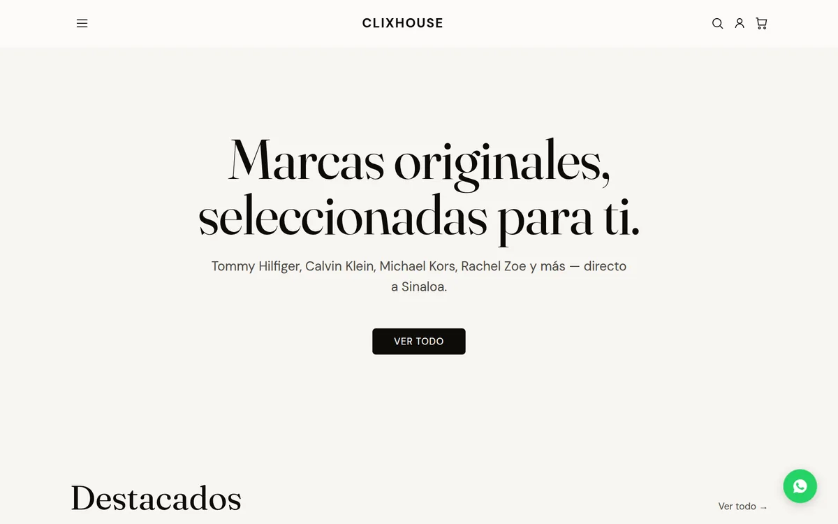 La tienda en una computadora: «Marcas originales, seleccionadas para ti.» y el botón «Ver todo».