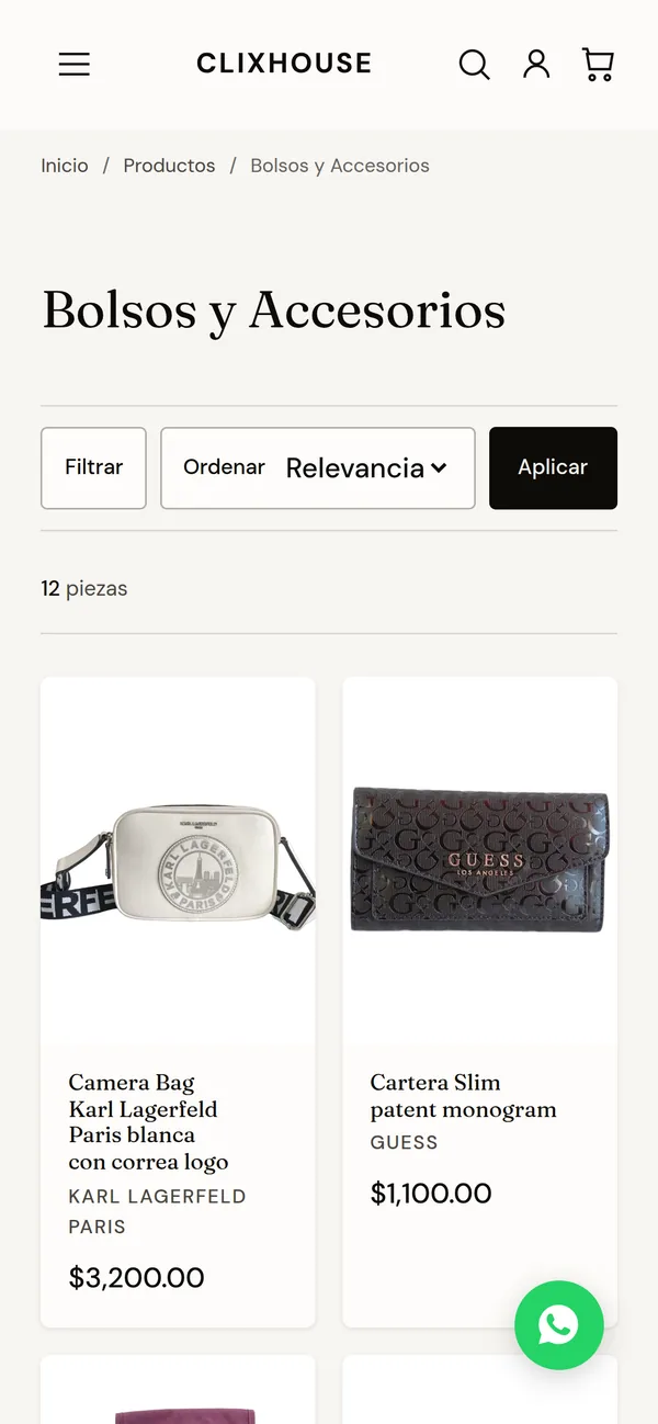 Bags and accessories on a phone: each piece with its photo, its brand and its price.
