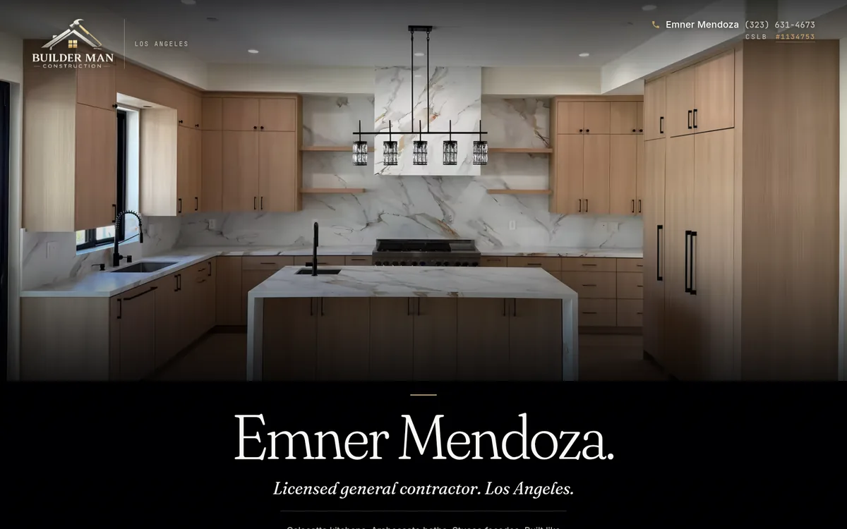 Builder Man's site on a computer: a finished kitchen with marble up to the ceiling, and under it “Emner Mendoza. Licensed general contractor. Los Angeles.”