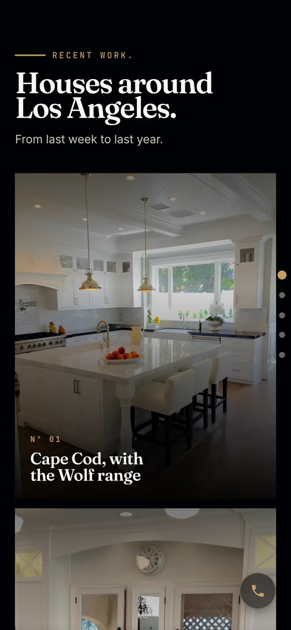 His work on a phone: “Houses around Los Angeles”, and the first one, “Cape Cod, with the Wolf range”.