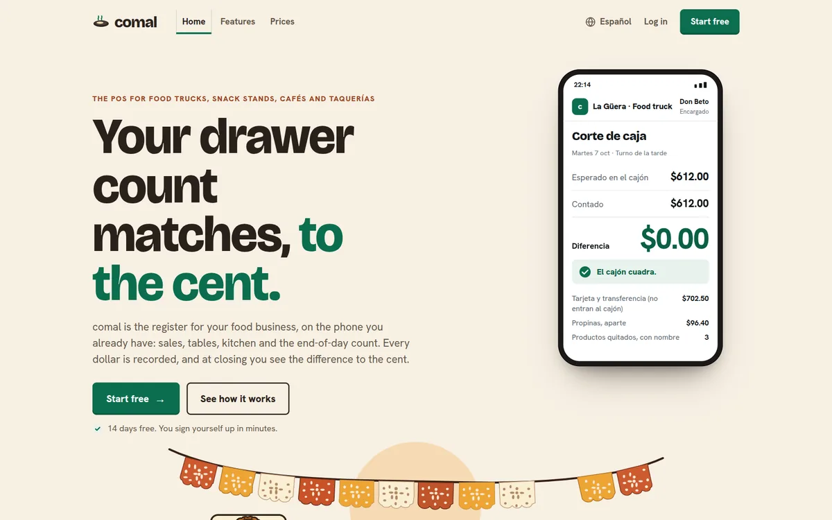 comal's site on a computer: “Your drawer count matches, to the cent.” and a phone with a food truck's cash count, the difference $0.00.