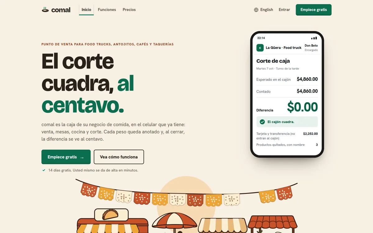 La página de comal en una computadora: «El corte cuadra, al centavo.» y un celular con el corte de caja de un food truck, con diferencia de $0.00.