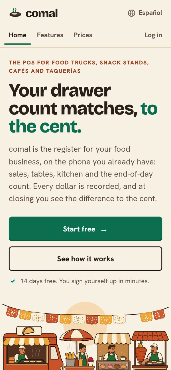 The same page on a phone, with a drawing of food stands under papel picado.