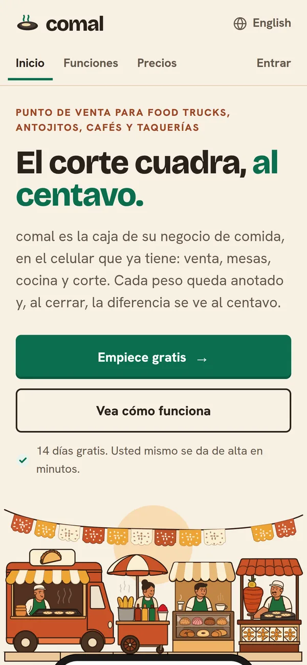 La misma página en un celular, con un dibujo de puestos de comida bajo el papel picado.