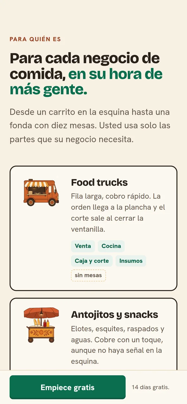 «Para cada negocio de comida, en su hora de más gente.» en un celular: food trucks y antojitos, cada uno con las partes que usa.