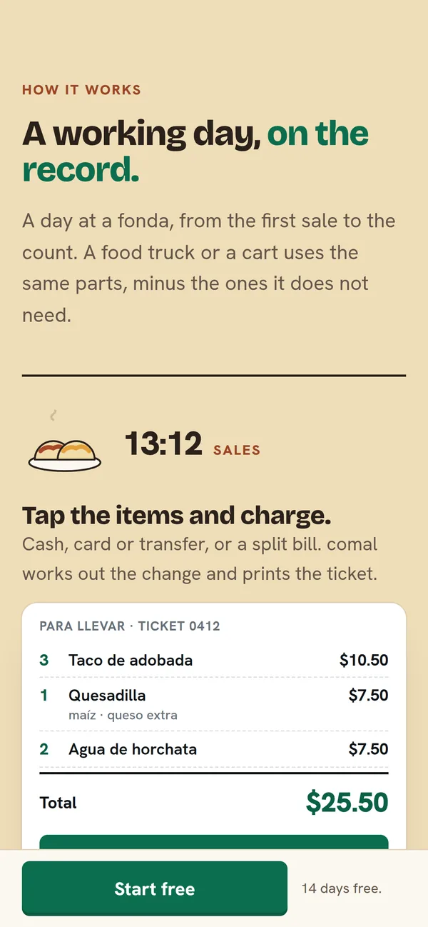 “A working day, on the record.” on a phone: at 13:12, a to-go sale of $25.50.