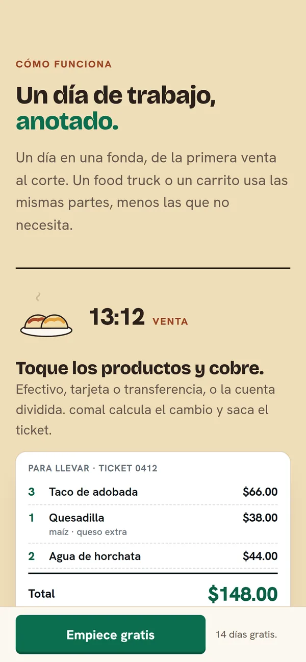 «Un día de trabajo, anotado.» en un celular: a las 13:12, una venta para llevar de $148.00.