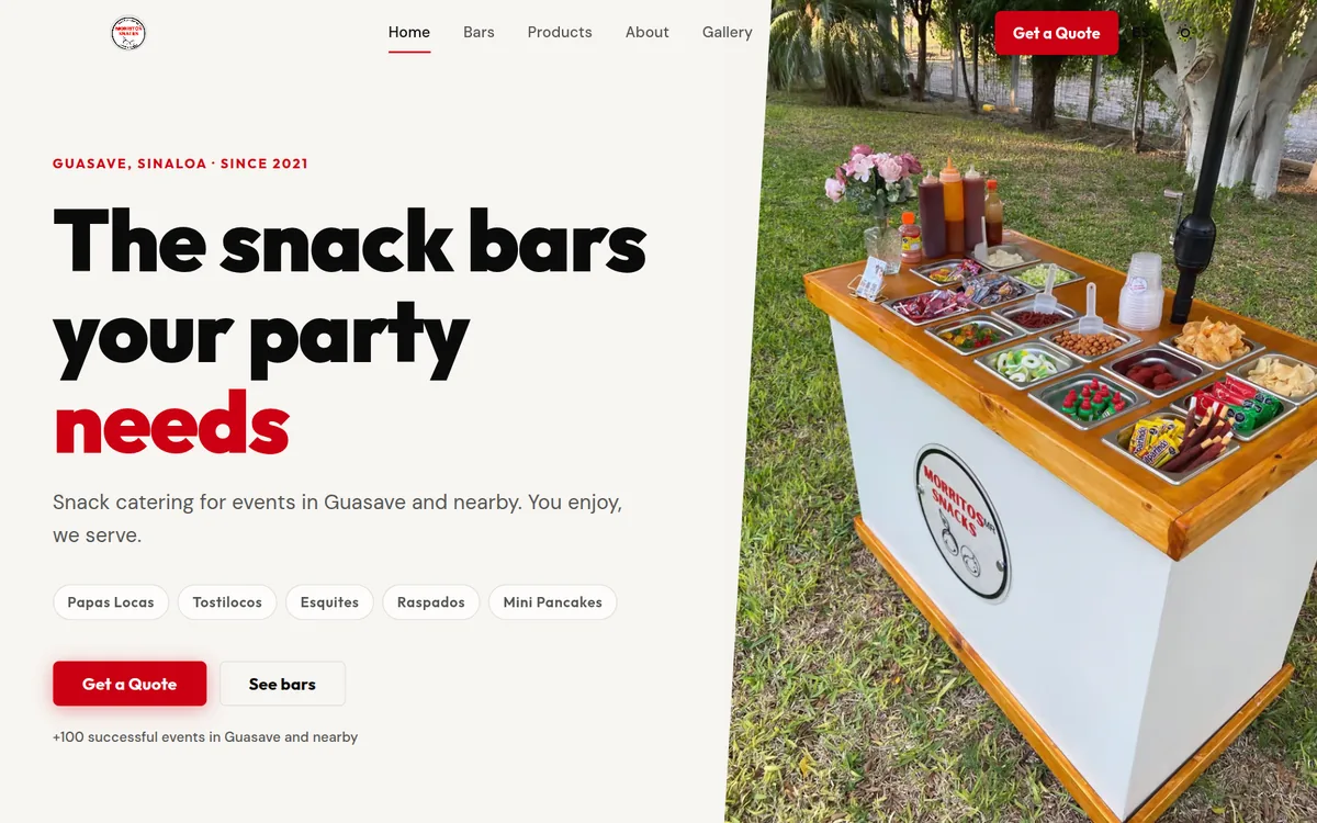The Morritos Snacks home page on a computer: “The snack bars your party needs”, their bars, and one of their tables set up on a lawn.