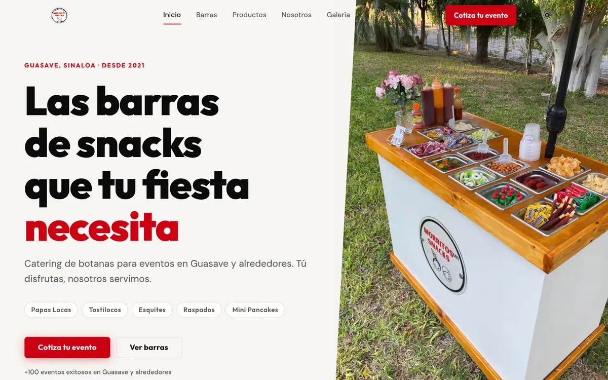La página de inicio de Morritos Snacks en una computadora: «Las barras de snacks que tu fiesta necesita», sus barras y una de sus mesas montada en un jardín.