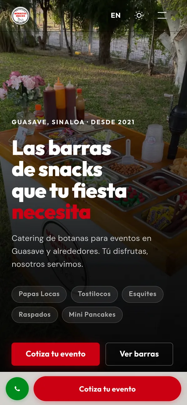 La misma página en un celular, con el botón «Cotiza tu evento».