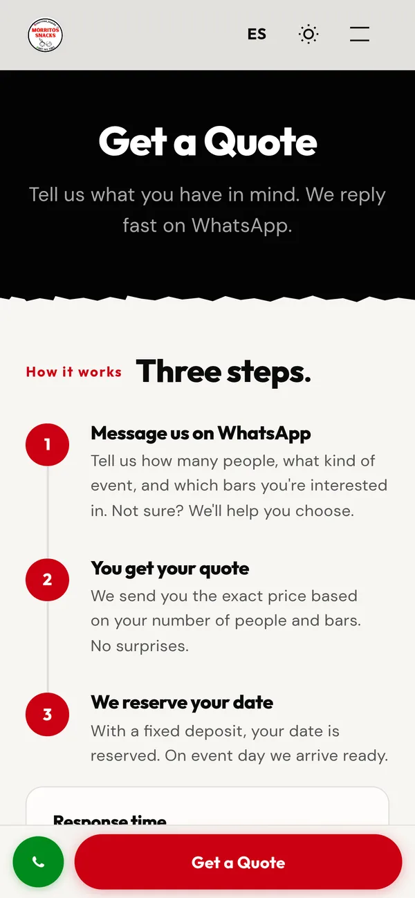 The Morritos Snacks quote page on a phone: “Get a Quote” and the three steps, from messaging them on WhatsApp to reserving the date.
