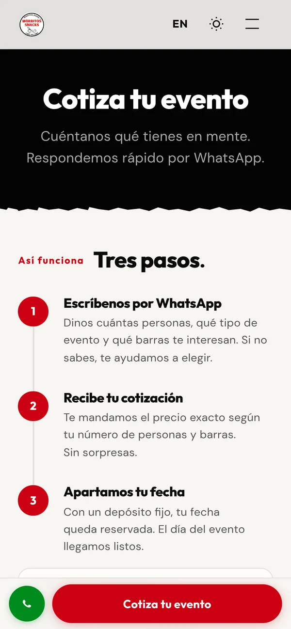 La página para cotizar de Morritos Snacks en un celular: «Cotiza tu evento» y los tres pasos, desde escribirles por WhatsApp hasta apartar la fecha.