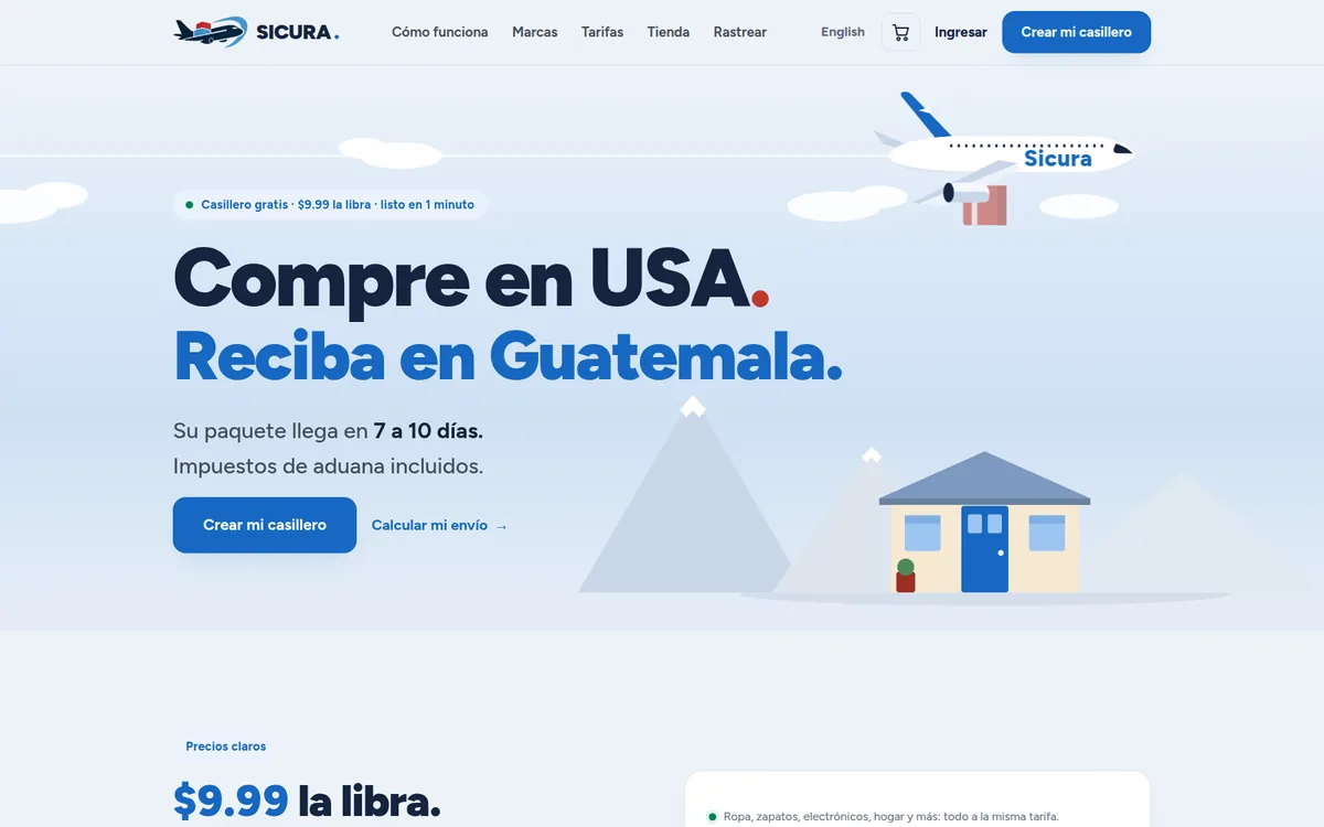 La página de inicio de Sicura en una computadora: «Compre en USA. Reciba en Guatemala.», un avión de Sicura, una casa y el botón «Crear mi casillero».