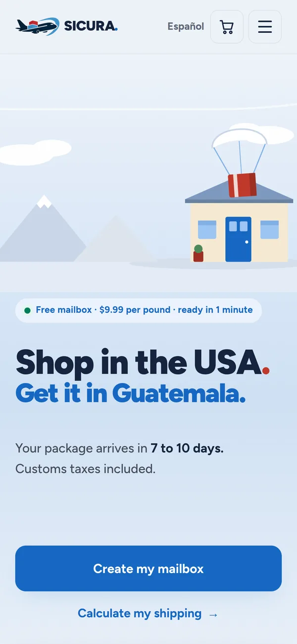 The same page on a phone: a box parachuting down to a house, and the “Create my mailbox” button.