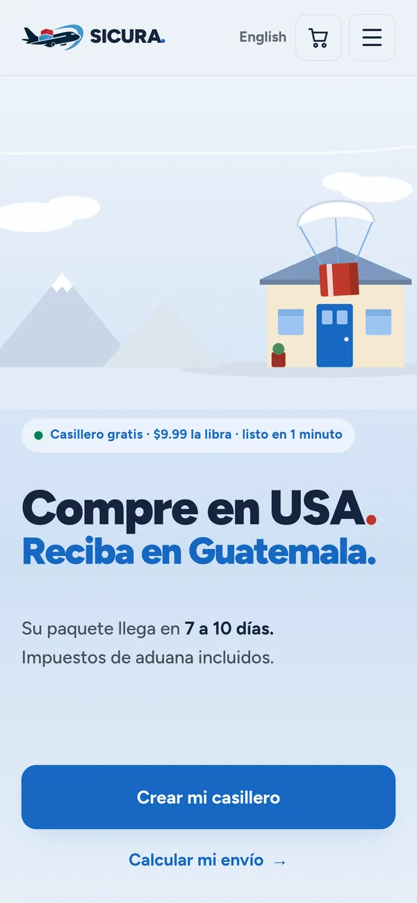 La misma página en un celular: una caja que baja en paracaídas hasta una casa, y el botón «Crear mi casillero».