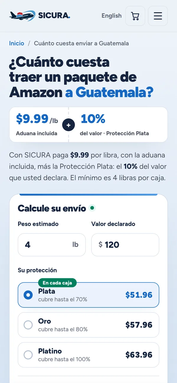La página de precios en un celular: «¿Cuánto cuesta traer un paquete de Amazon a Guatemala?», $9.99 la libra y la calculadora, con la protección Plata, Oro o Platino.