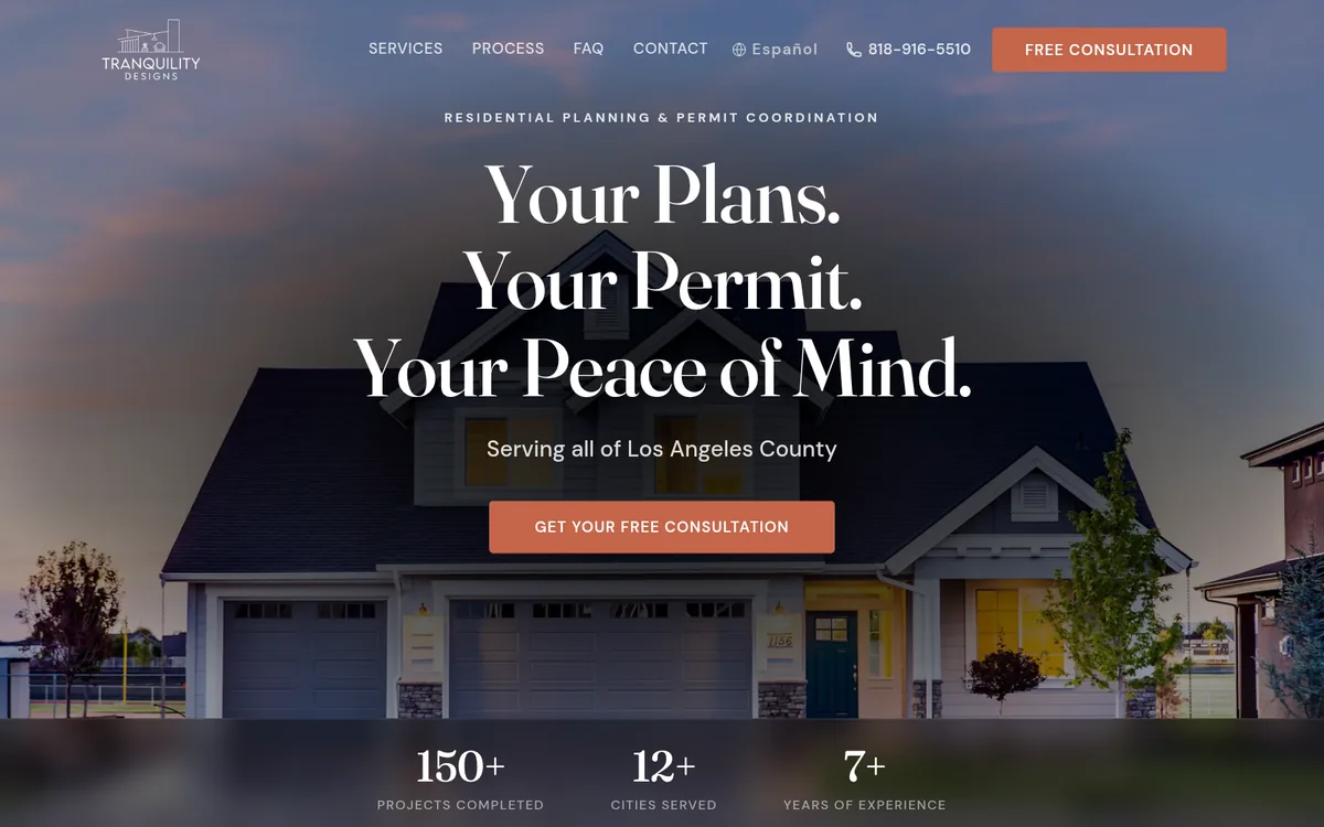 Tranquility Designs' site on a computer: “Your Plans. Your Permit. Your Peace of Mind.” over a house at dusk, and the free consultation button.