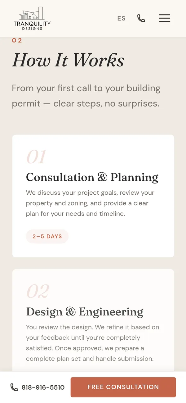 “How It Works” on a phone: each step with its time, like the consultation, 2 to 5 days, and below it the call and the free consultation.