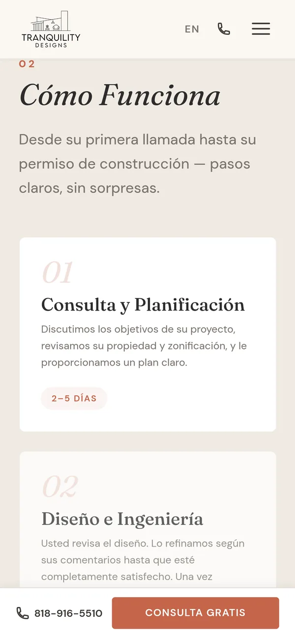 «Cómo funciona» en un celular: cada paso con su tiempo, como la consulta, de 2 a 5 días, y abajo la llamada y la consulta gratis.
